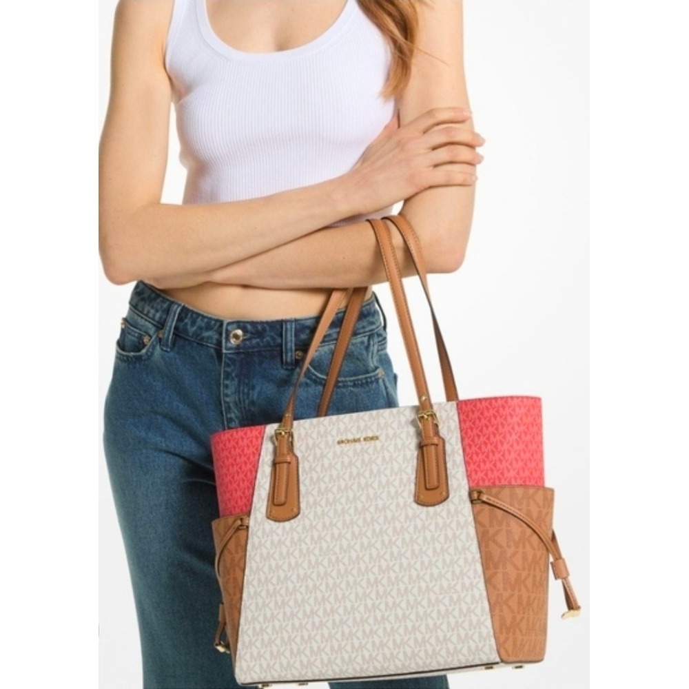 Michael Kors Voyager East West Colorblock Logo Tote Bag Pink White Brown leather